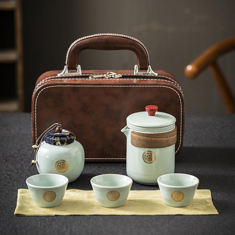 Travel tea set Convenient outdoor ceramic Ru kiln Kuaike cup set Business event souvenir