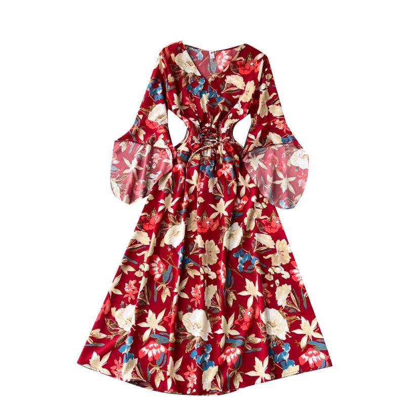 Summer new French retro collar lantern sleeve print dress high waist word skirt chiffon skirt big swing dress