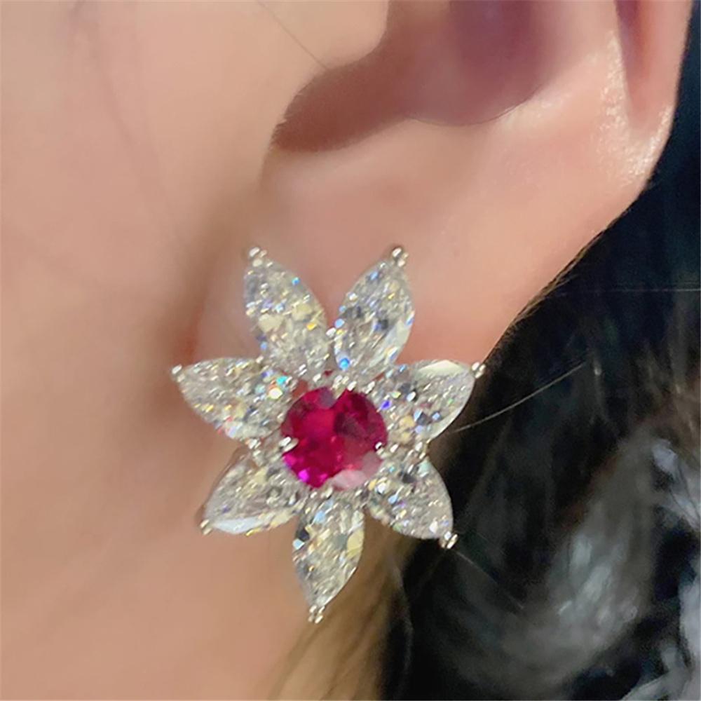 Female White Red Zircon Stone Flower Hoop Earrings Vintage Fashion Silver Color Wedding  For Women