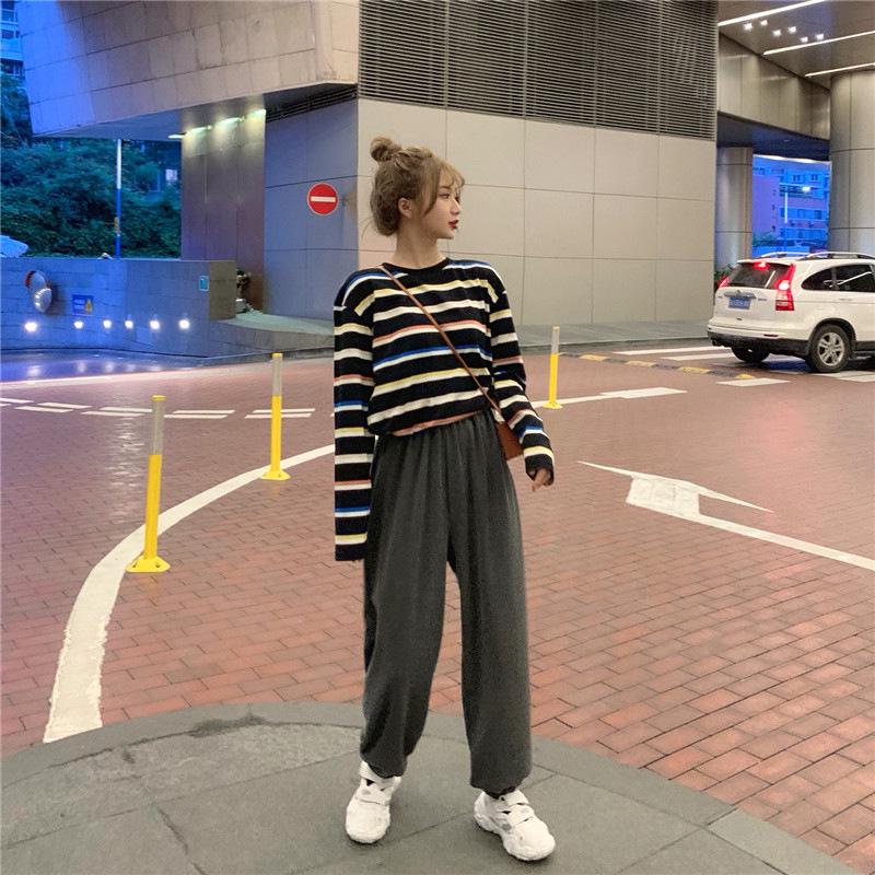 Women's Contrast Stripe Long-Sleeve T-Shirt - Autumn 2025 Korean Loose Casual Style