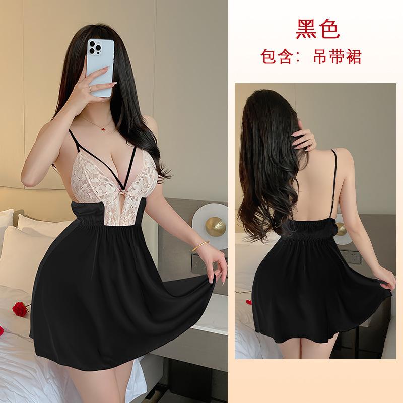 Sexy rückenfreier Spitzen-Nachthemd mit tiefem V-Ausschnitt, durchsichtiges Satin-Camisole, figurbetont, Damen, bequeme Loungewear 417, luxuriöse verführerische Nachtwäsche mit seidiger Textur