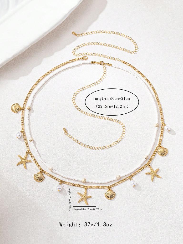 2pcs Bohemian Style Ocean Series Shell & Starfish Beaded Waist Chain For Women