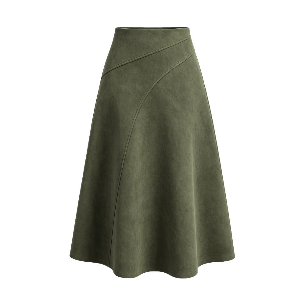 Damen Unifarbener Patchwork Wildleder Reißverschluss Rock Hohe Taille Schnalle Umwickelte Hüfte Kurzer Rock Mittellanger Rock