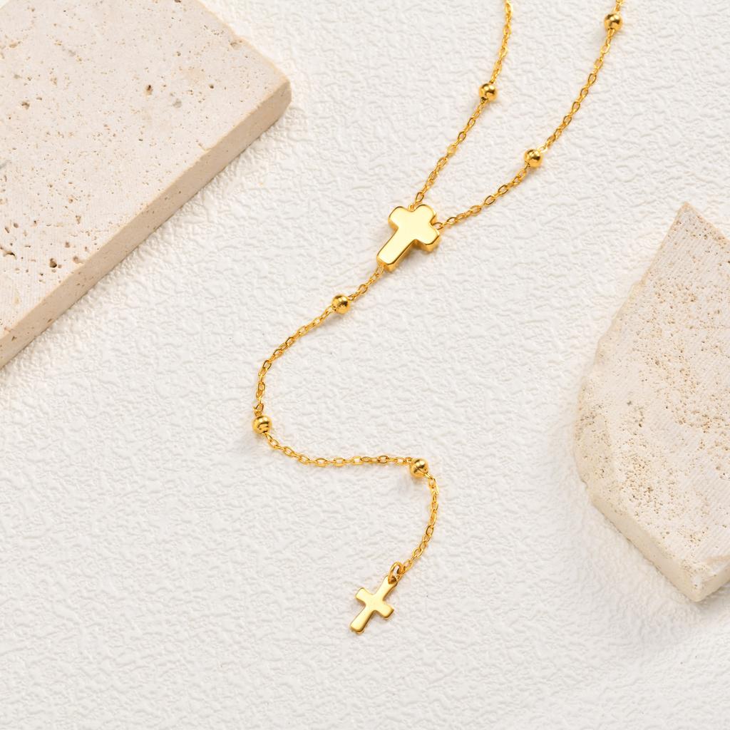 Wind-Plated 18K Gold Stainless Steel Bead Chain Cross Y-Shaped Necklace Female Nc-2522
