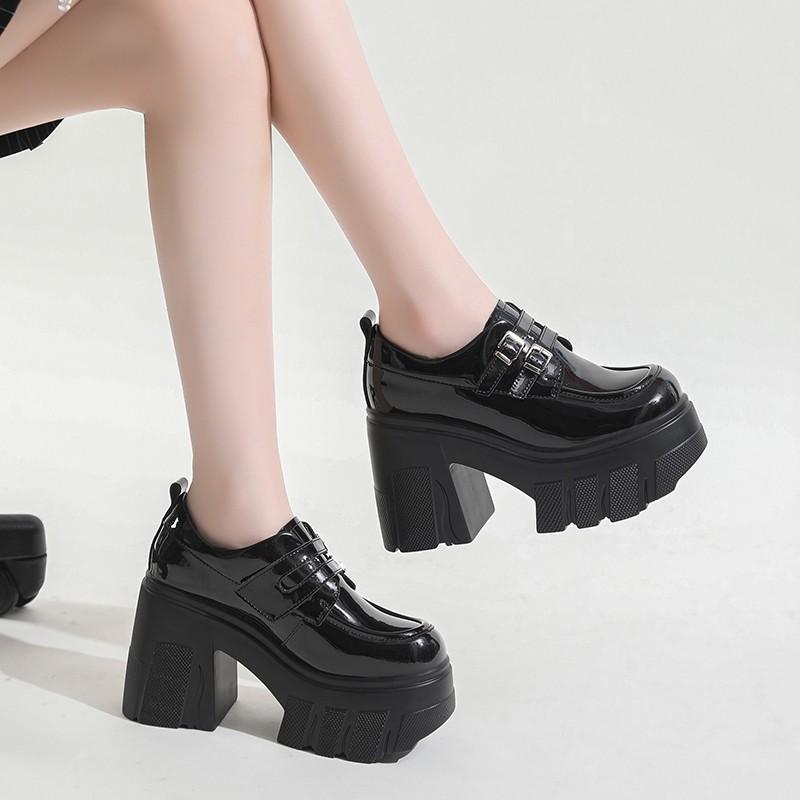 Fashion Spring New Coarse Heel Shoes Women Round Head Deep Mouth Metal Buckle Waterproof Platform Anti-slip Wear-resistant High Heels