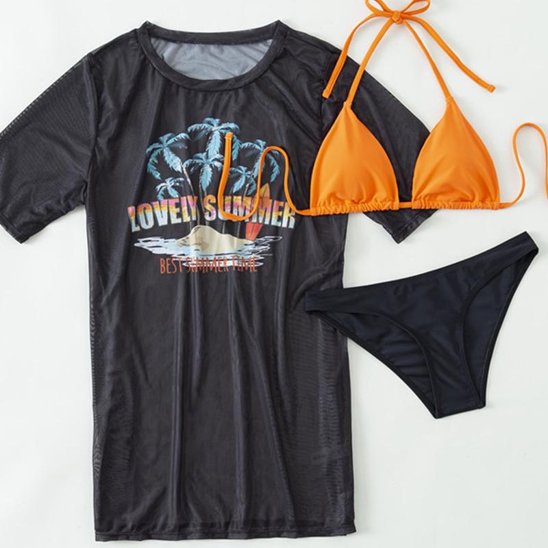 

Женская пляжная одежда, пляжный однотонный комплект бикини-стринги, сексуальный комплект из 3 предметов, летний комплект бикини с принтом и короткими рукавами S чёрный