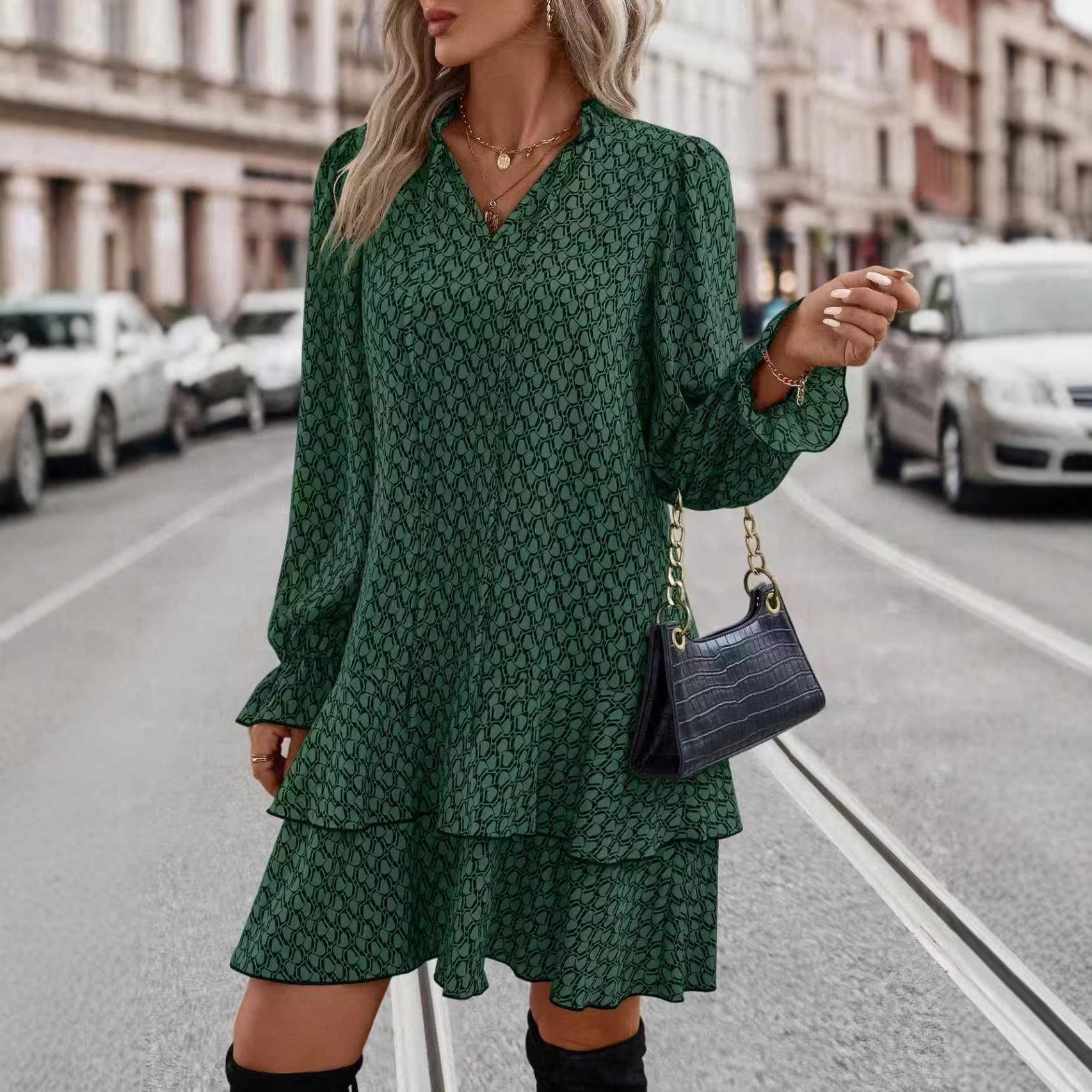 2025 Spring/Autumn Women s V-Neck Long Sleeve Lace-Up Printed Casual Dress L зелёный