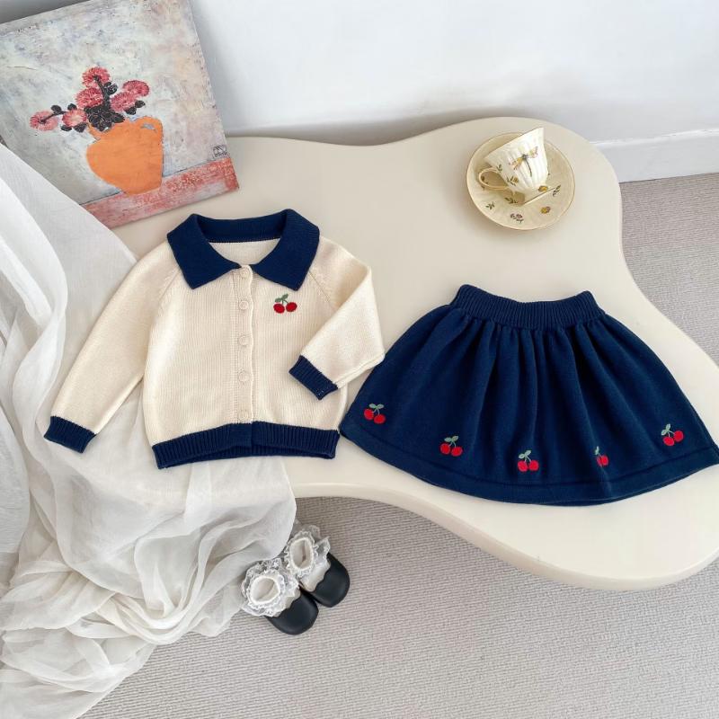 Baby Girl Cherry Embroidered Knit Cardigan & Skirt Set 110
