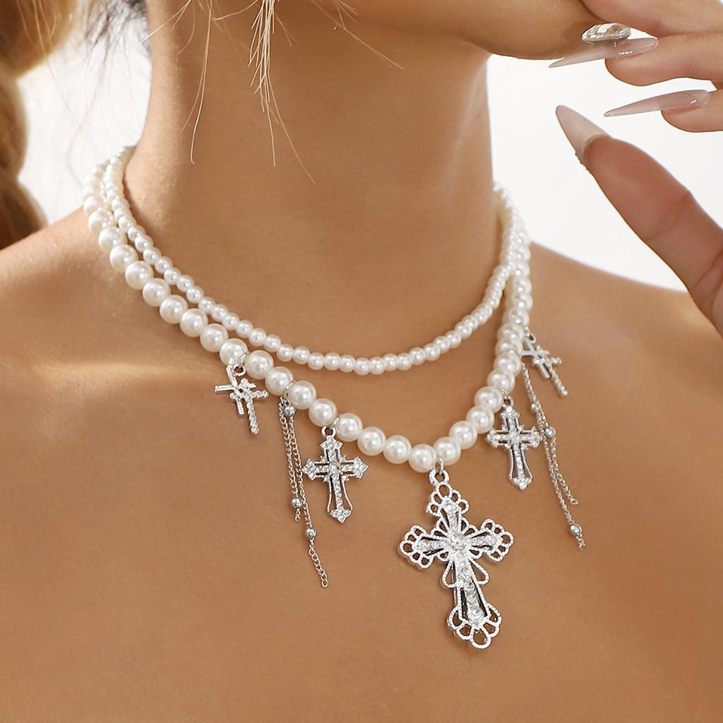 Tooxika Temperament Niche Design Double Layer Imitation Pearl Necklace Personalised Trefoil Cross Multi-layer Necklace