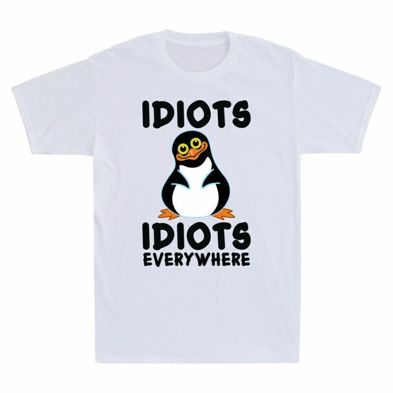 Idiots Idiots Everywhere Funny Penguin Graphic Men s Cotton Short Sleeve T-Shirt L