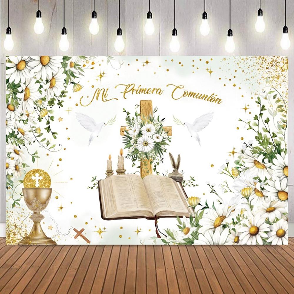 Mi Primera Comunion Photography Background Holy Bible Cross Newborn Baptism Backdrop First Holy Communion Party Decor Banner29