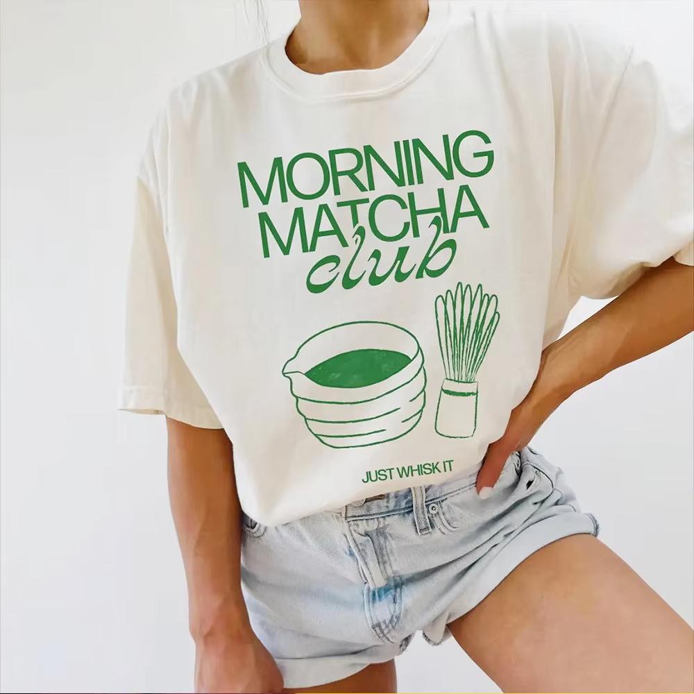 

Morning Matcha Club Printing Unisex Graphic Tees Short Sleeve Cotton Tops Crewneck Causal Simple T Shirts Female Clothing S