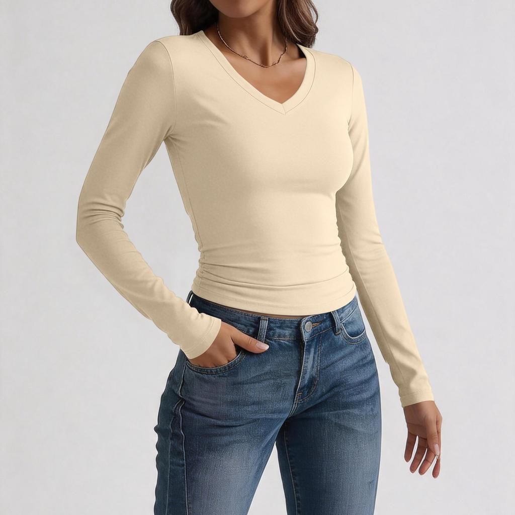 Women's Slim Fit V Neck Long Sleeve T Shirt Stretchy Milk Silk Fabric Soft Texture Basic Layering Top