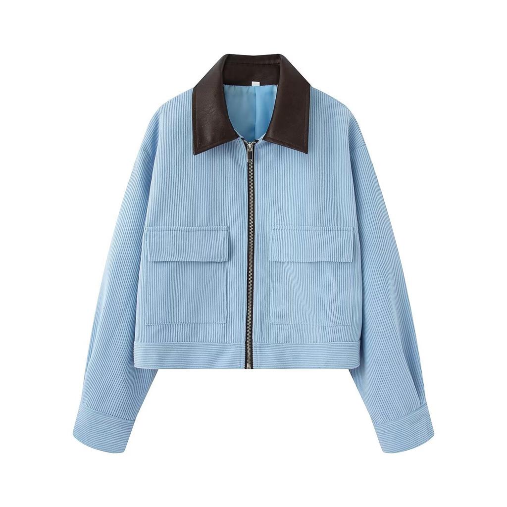 2026 spring new product European and American cross-border women's corduroy splicing leather neckline jacket w034 26023