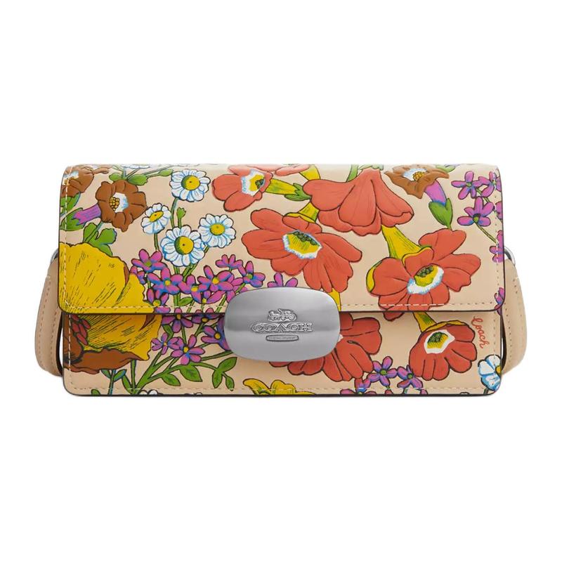 COACH Eliza 19 Floral Print Flap Refined Calfskin Crossbody Bag Small Women s Silver and Ivory Multicolor серебряный