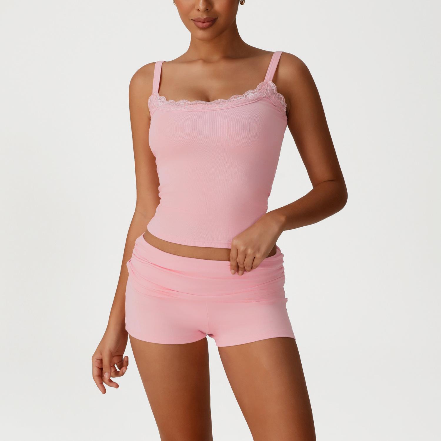 Women s Lace Trim Ribbed Cami Top and Foldover Waist Shorts Loungewear Two Piece Set S