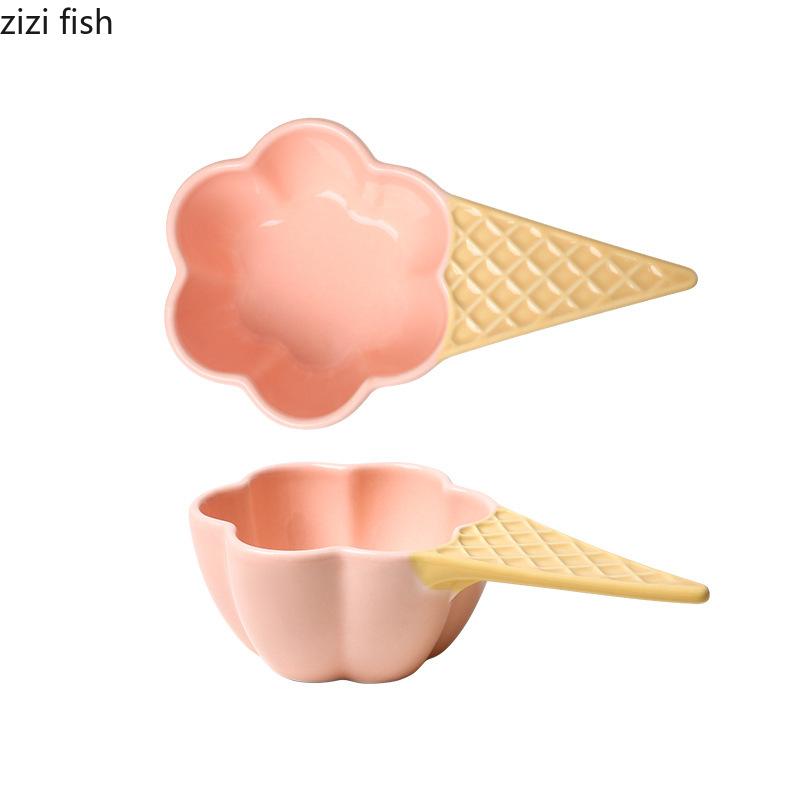 Eiscreme-förmige Keramik-Dessertschale Frühstücksschalen Griff Nudelschale Essteller Obstteller Suppenschalen Snackschalen Tablett