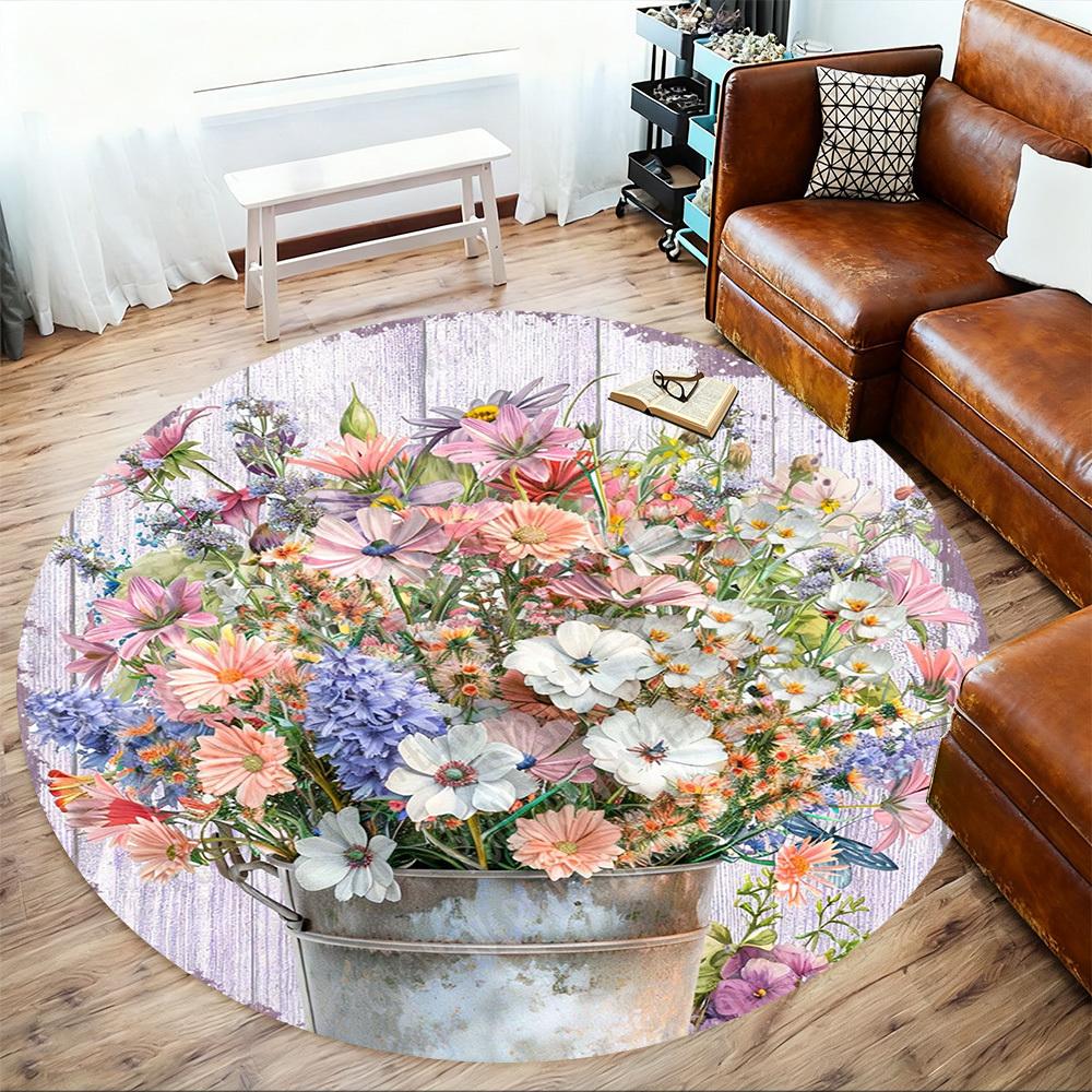 1PC Flowers Bucket Office Round Area Rug, Under Office Chairs Bedroom Living Room Home Decor, Carpet for Office -1110024