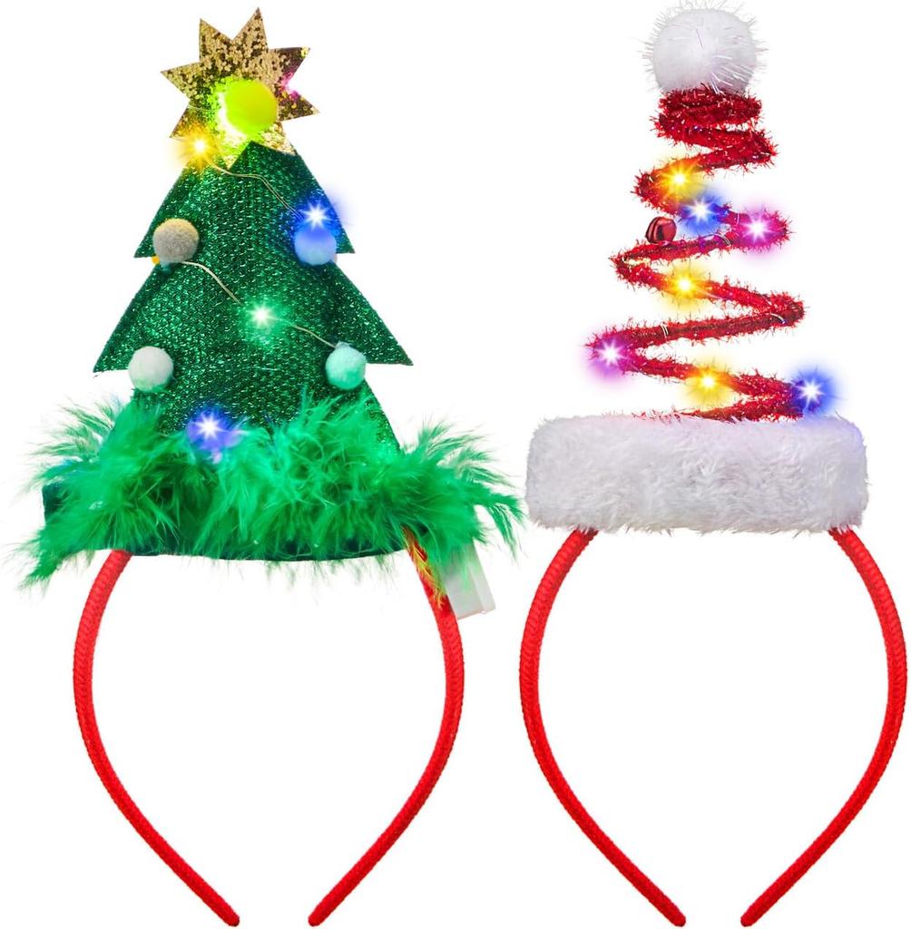 JOYFY 2 PCS Lighted Christmas Headbands with LED Lights In Springy Santa Hat Tree Designs for Christmas and Holiday Parties