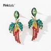Chili Pepper & Leaf Earrings  Bold Red & Green Rhinestone Studs Fashionable PD1017