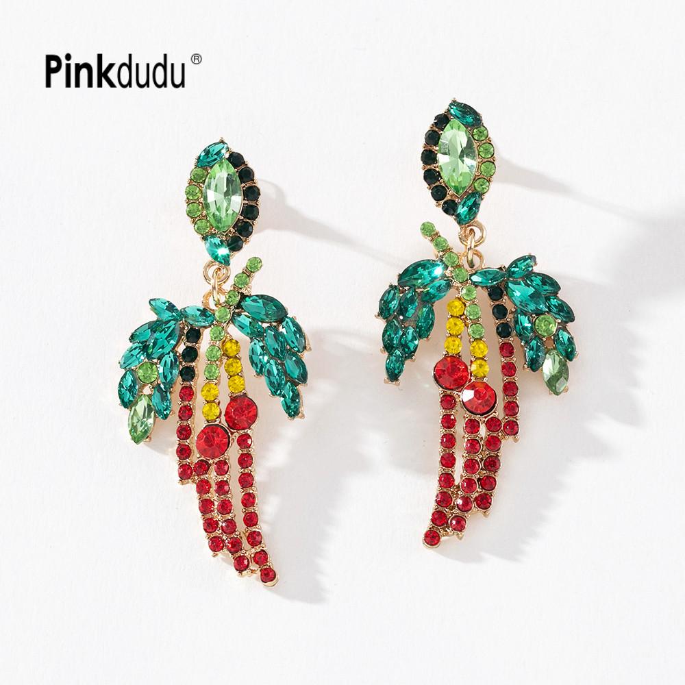 Pinkdudu Chili Pepper & Leaf Earrings Bold Red & Green Rhinestone Studs Fashionable PD1017
