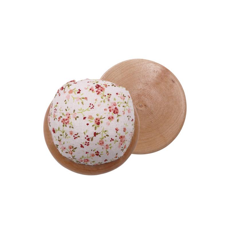 Round Fabric Pincushion with Floral Pattern On Wooden Base Sewing Needle Holder for Crafting Quilting and Embroidery Tools Organizer