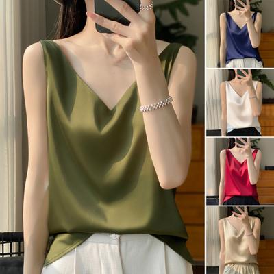 Women Vest V-Neck Sleeveless Solid Color Tank Tops Loose Fit Smooth Satin Bottoming Tops Versatile Daily Wear