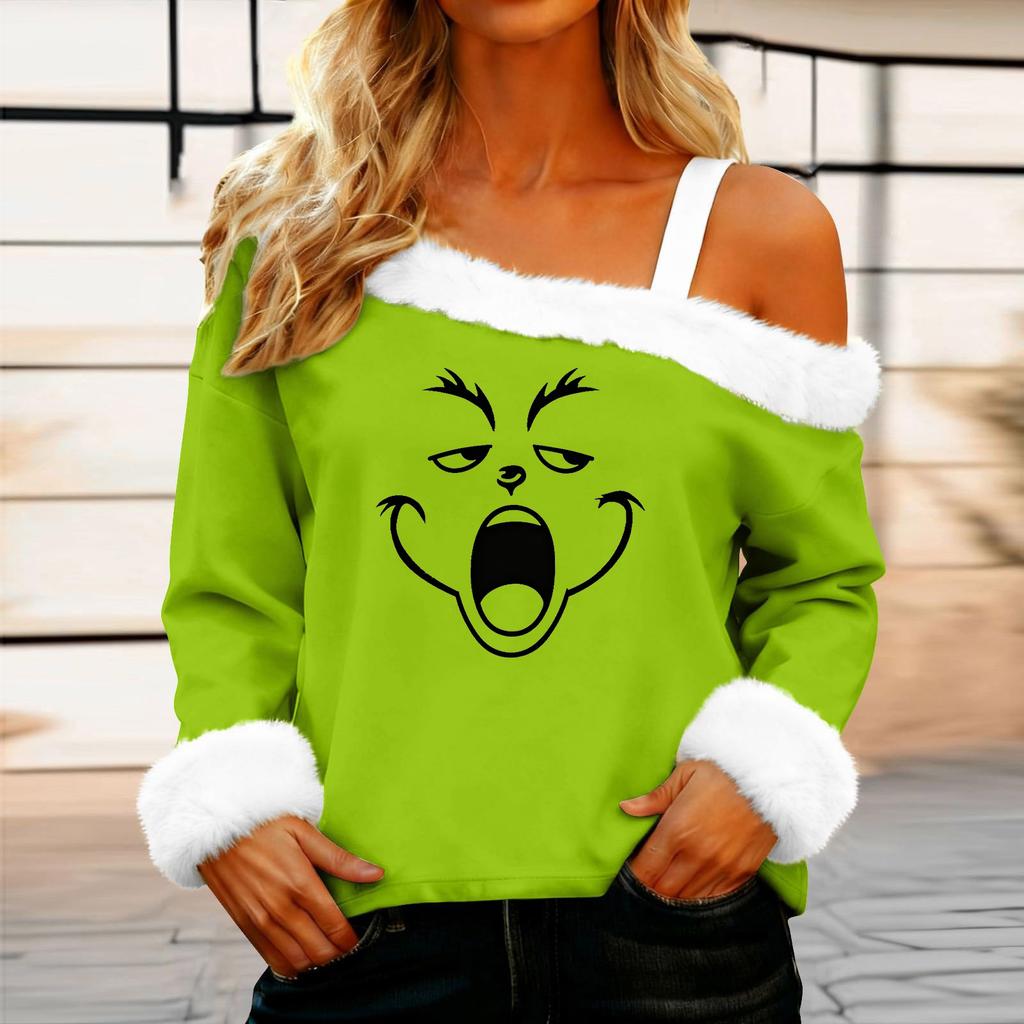 Women's Casual Fashion Sexy Off-Shoulder Collar Christmas Pattern Long Sleeve Crewneck T-Shirt Top