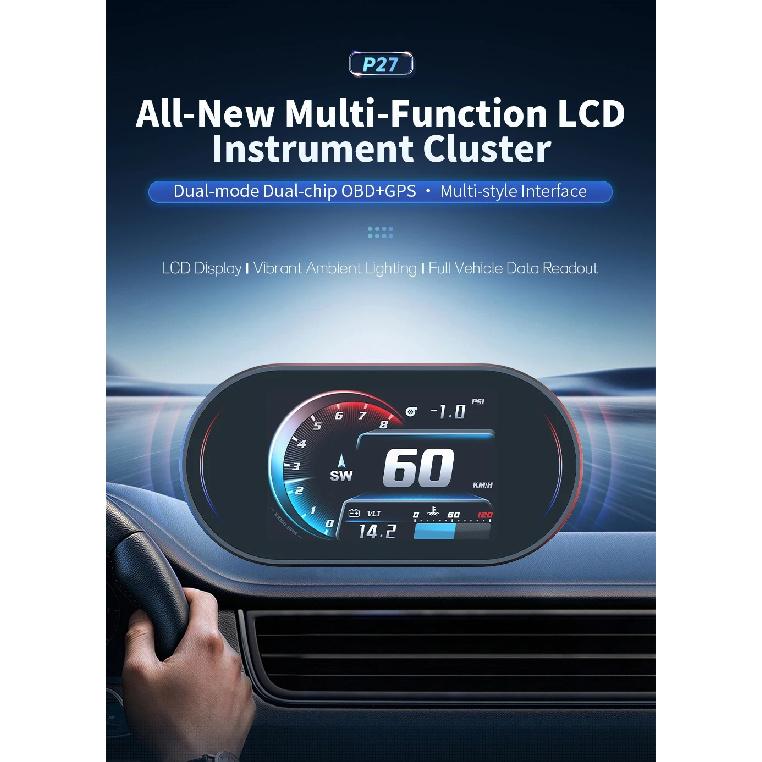 Auto Lcd Cluster OBD2 meter Multi Digital Head Up Display GPS Speed Water Temp Turbo Fuel Consumption Car Accessories HUD P27