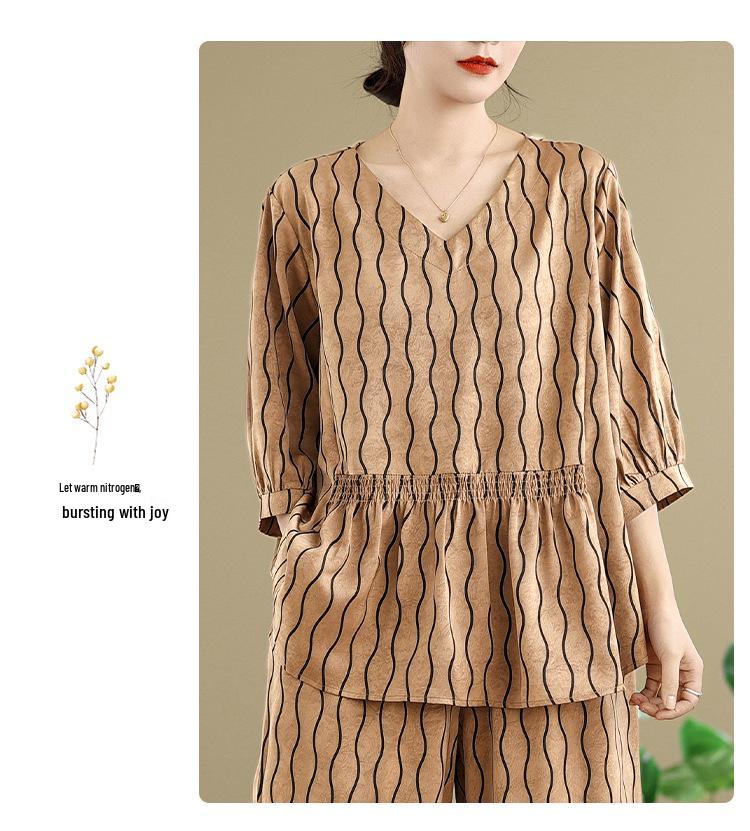 Real Shot 2025: Chic Slimming Plus-Size Summer Two-Piece Set with Light Mature Style and Wide-Leg Pants