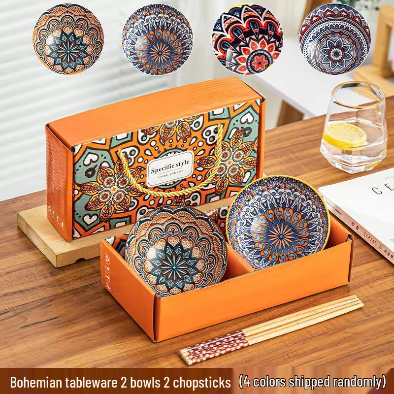 Retro Vintage Ceramic Dinnerware Set: Bowls, Plates, Dishes, Chopsticks in Gift Box - Sophisticated Small Souvenir.