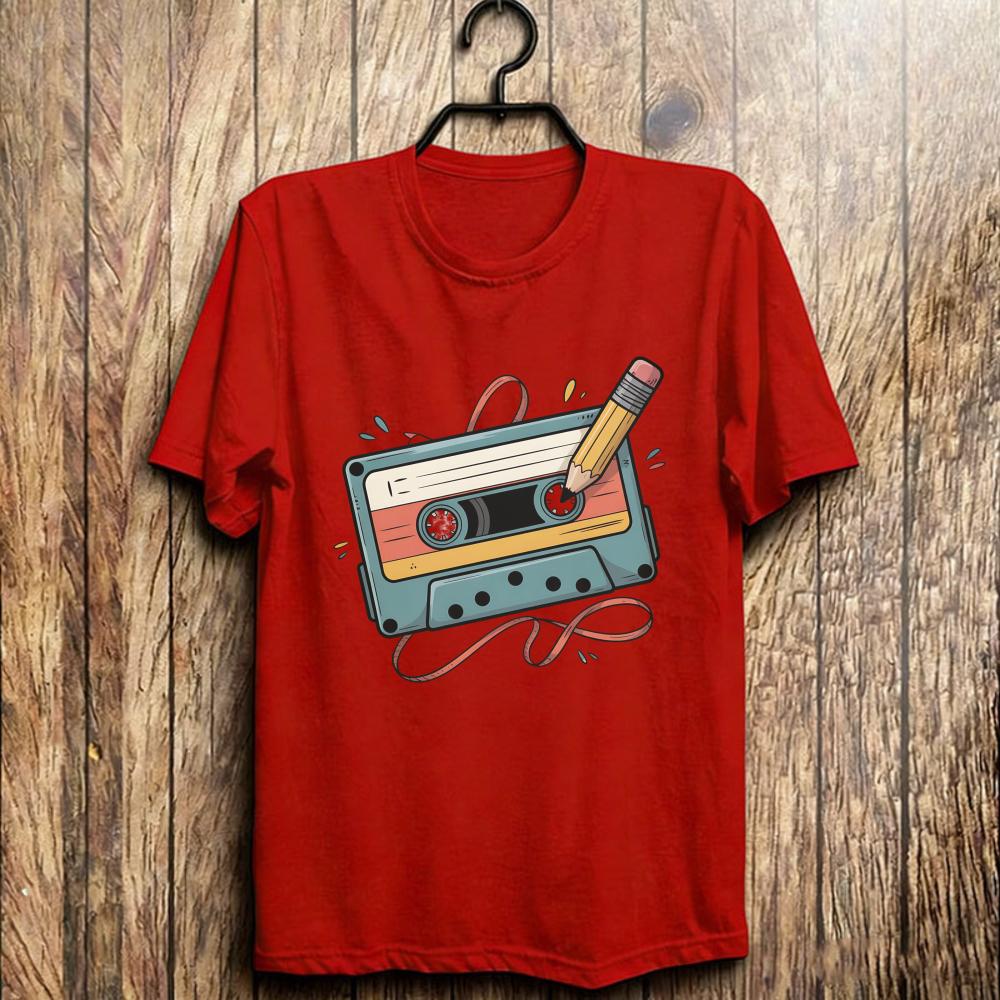 Retro Cassette Tape Printing Tshirt 80s 90s Music Lover Tees Vintage Mixtape Pencil Rewind Funny Tops Unisex Casual Retro Shirt