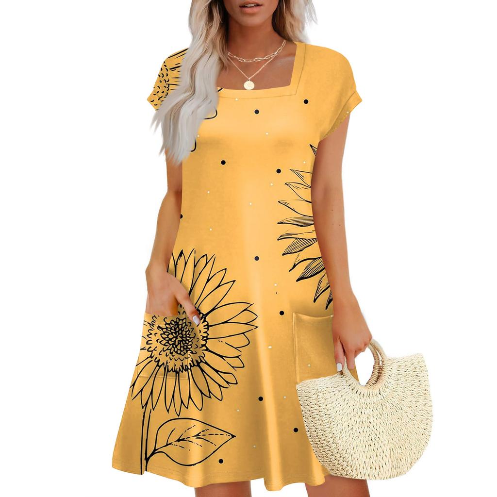 Summer Dresses For Women Loose Square Neck Cap Sleeve Casual Beach Vacation Tshirt Dress Sundresses With Pockets
