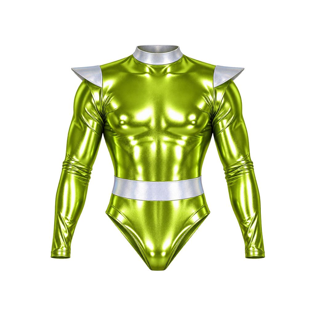 Men Halloween Alien Costume Metallic Bodysuit Color Block Mock Neck Long Sleeve Back Zip Leotard for Cosplay Stage Show