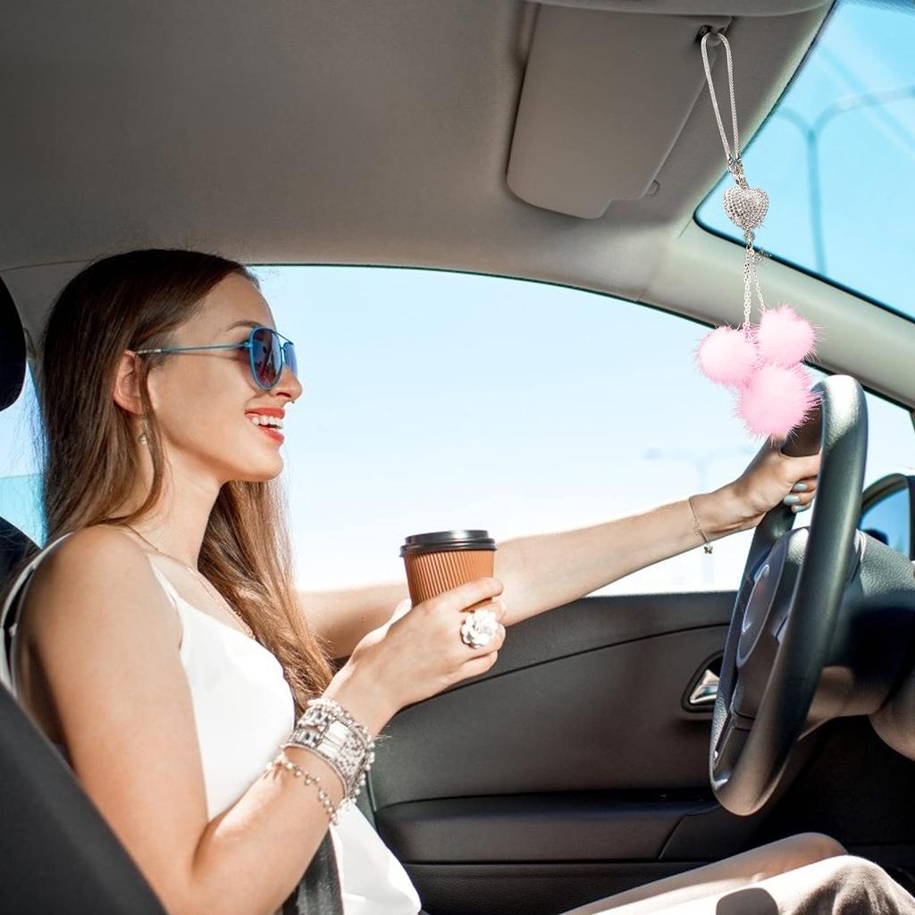 Formemory Car Rearview Mirror Decorative Tassel Bag Mirror Pendant Charm Decoration Accessory Rhinestone Pendant Cute Pom Pom Car Decoration (Pink)