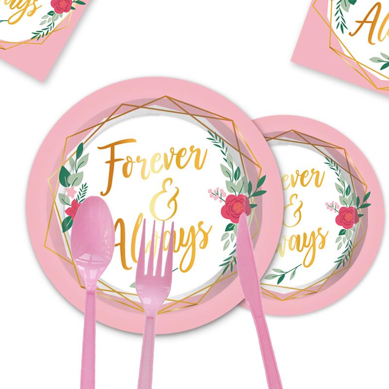 Pink Valentine'S Day Themed Party Set Flower Paper Plate Paper Cup Tablecloth Flag Wedding Arrangement