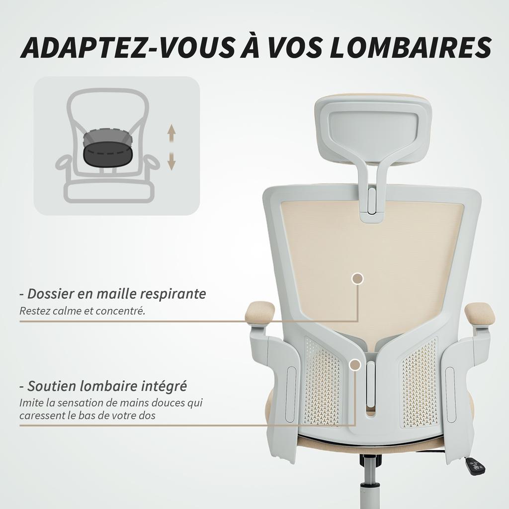 Ergonomic Office Chair, Adjustable Armrests, Lumbar Support, Headrest, 60 x 63 x 120 cm, Beige