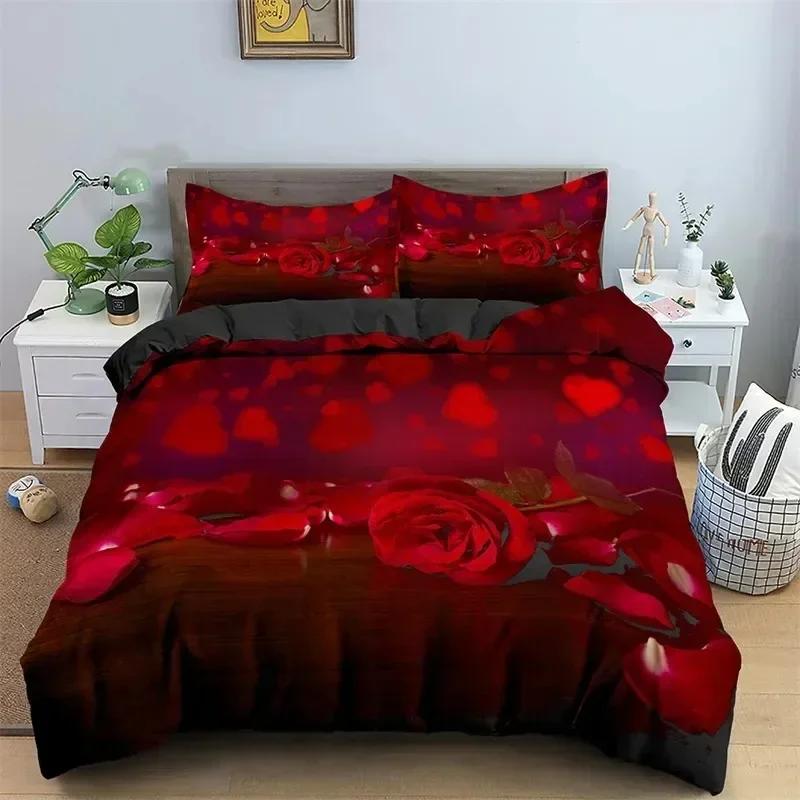 Floral Duvet Cover Set Full Size 3D Red Rose Bedding Set Microfiber Romantic Flowers Quilt Cover Wedding Valentine's Day Decor