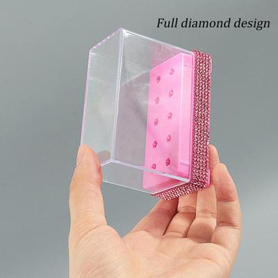 Nail Art Tools Holder 10 Holes With Fake Sparkly Diamond Nail Drill Bits Storage Box Nail Polishing Grinding Head Organizer Case