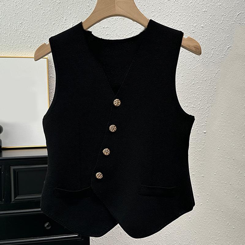 French Retro V-Neck Single-Breasted Irregular Sleeveless Slim Knitted Vest For Women