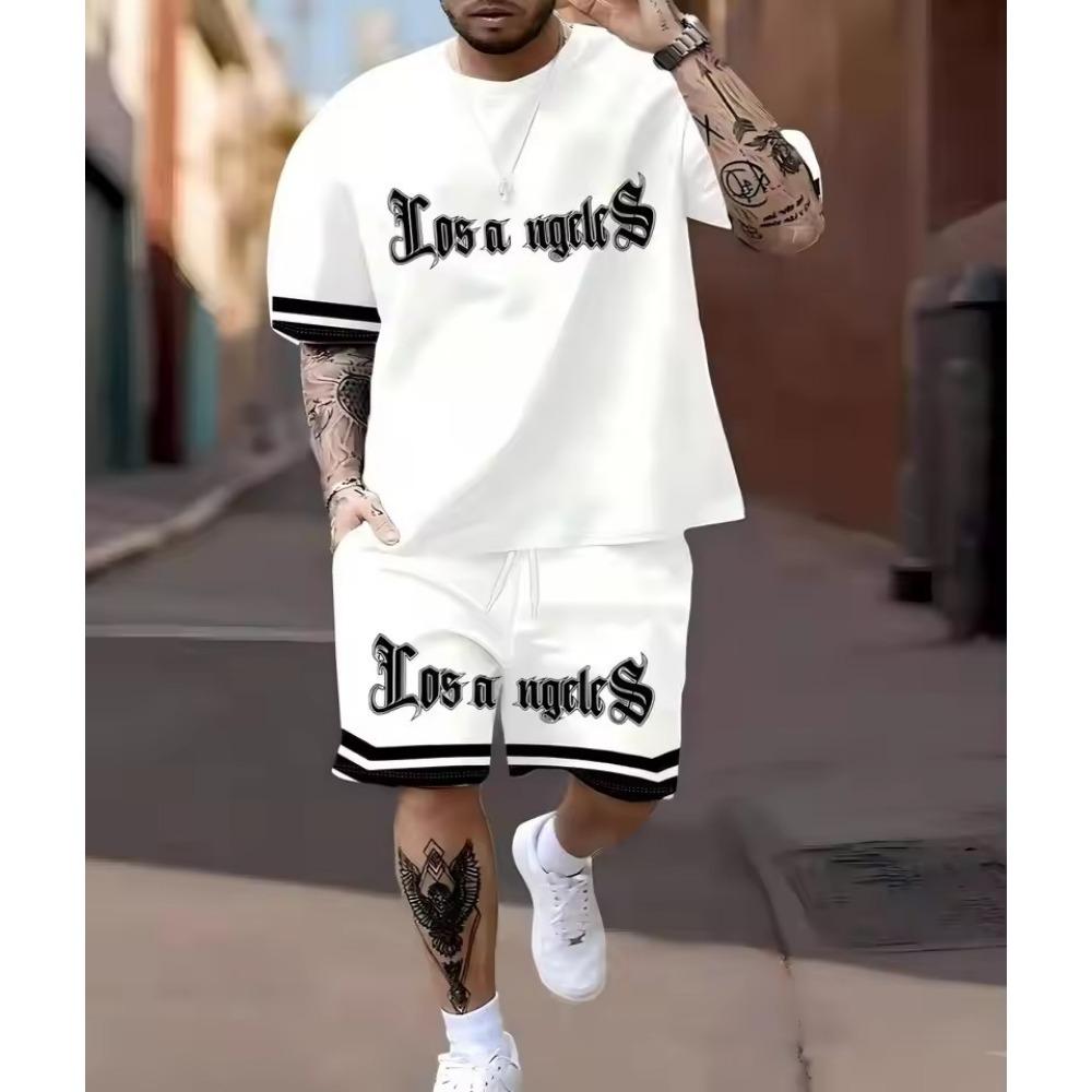 Summer New Men's Pullover Round Neck T-shirt Sports Suit Letter Printed Soft Men's Short Sleeved Shorts Two-piece T-shirt Set