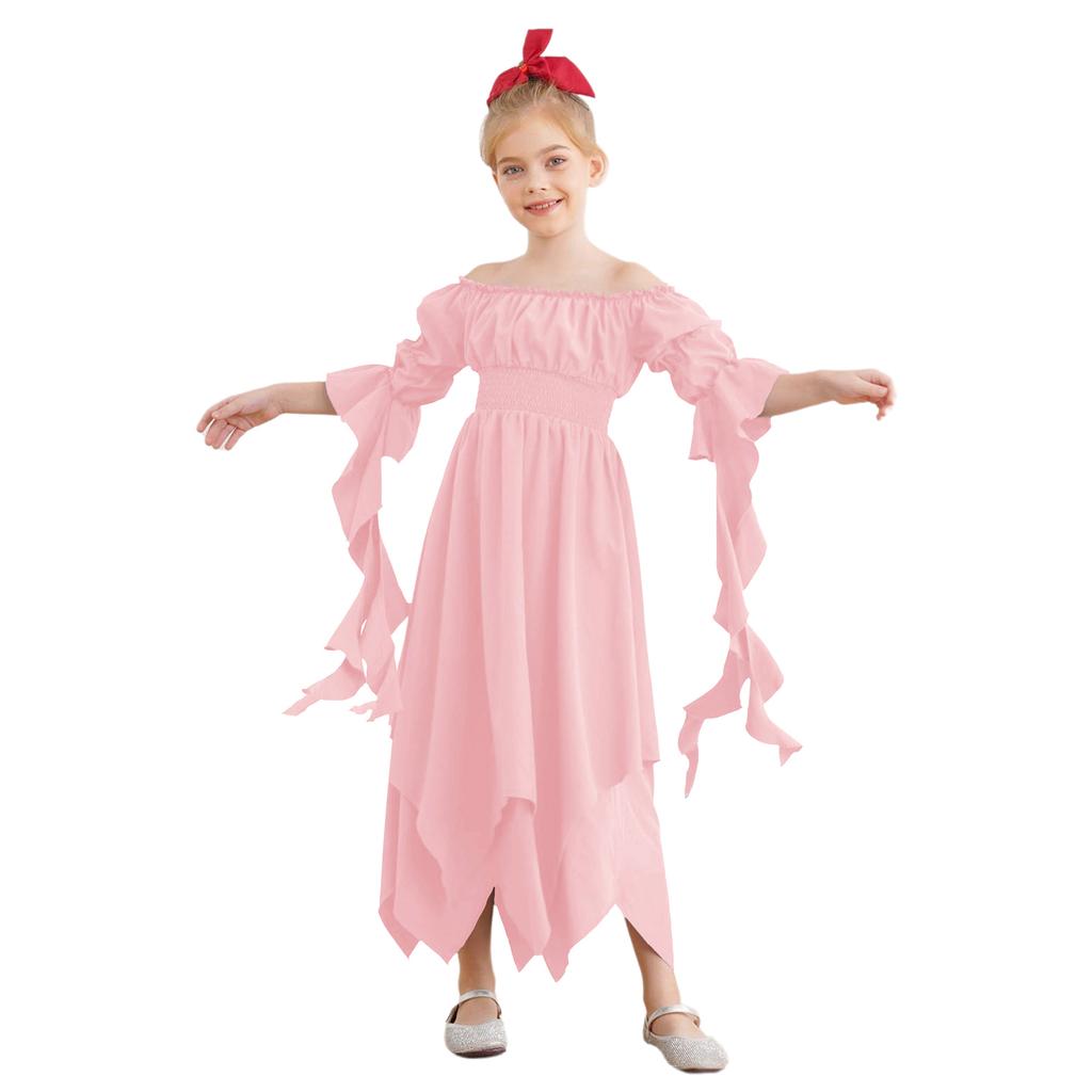 Girl's Renaissance Halloween Fancy Dress Costume Cold Shoulder Smocked Irregular Hem Dresses