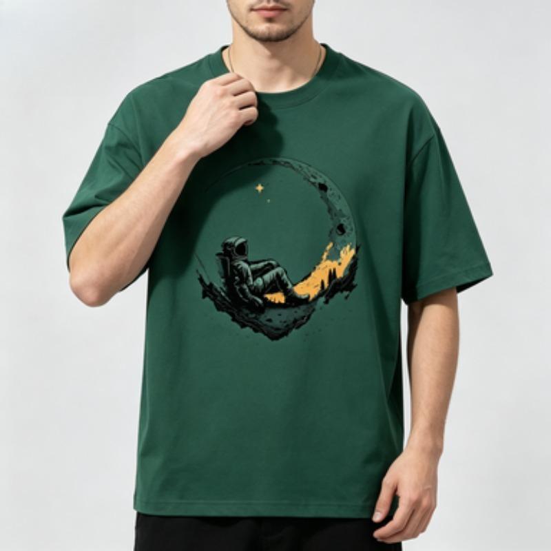 Unisexs Soft Cotton Oversized Tshirt Vintage Moon Astronaut Outer Space Print Short Sleeve Urban Streetwear Basic Tee Tops