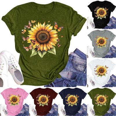 Lässiges T-Shirt für Damen mit Rundhalsausschnitt, Blumendruck, kurzärmelig