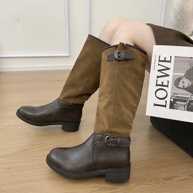 Belt buckle retro pleated new stacking boots women's autumn boots 2025 tall knight versatile large size boots