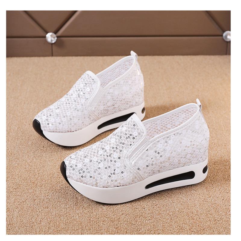 Inner height-increasing white shoes, lace sequins, mesh one-pedal single shoes for women, summer new breathable sneakers for women