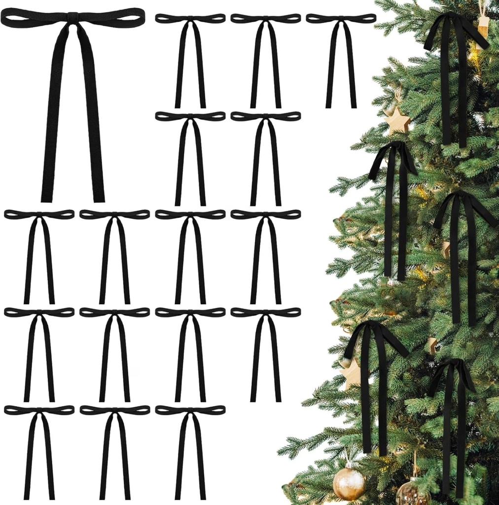 24 Pcs Velvet Bows Christmas Tree Ornaments Vintage Double Faced Velvet Ribbon Bows For Tree Garland Wreath Indoor Outdoor Xmas Black