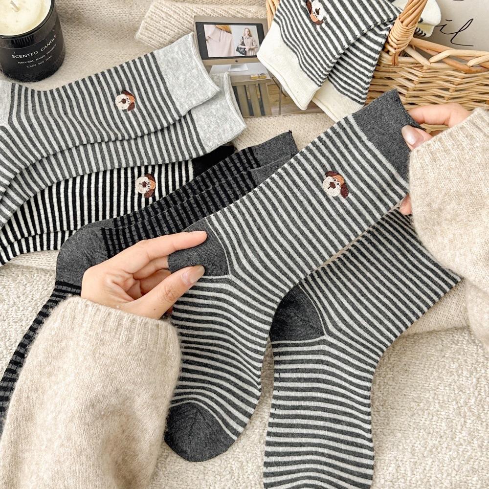Socks Autumn Embroidery Cartoon Dog Medium Tube Socks Trend Brand Korean Striped Stacking Socks Cotton Socks Women