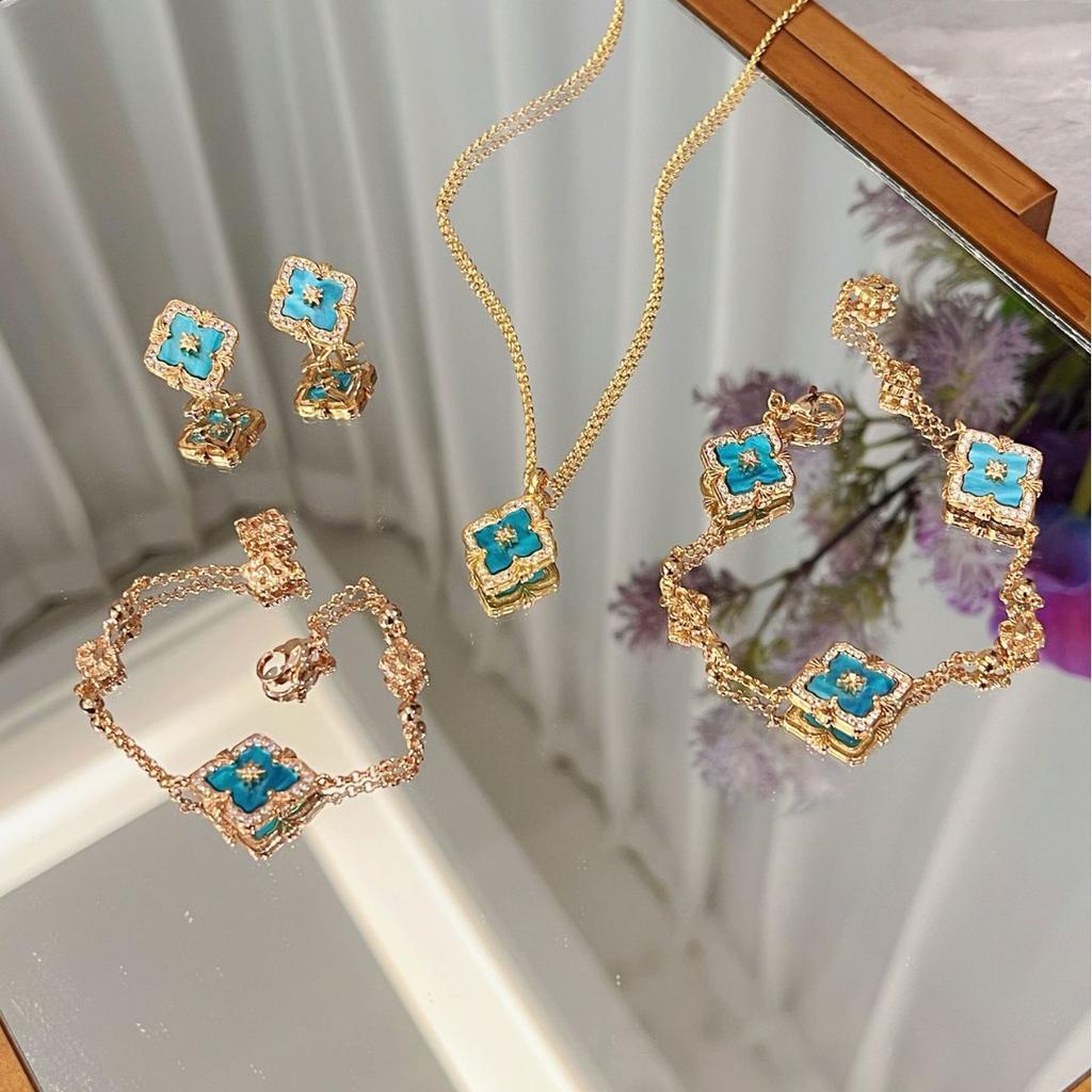 Italienisches Gebürstetes Wasserwellen Blaues Halsketten Armband Set Vielseitige Retro Hof Vierblättriges Kleeblatt Ohrringe