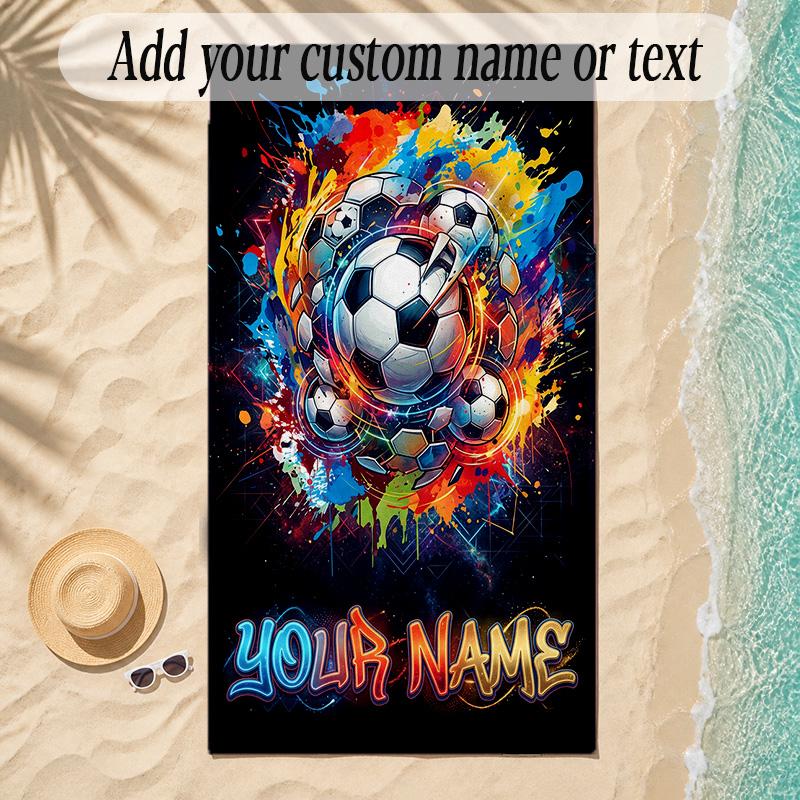 Soccer Theme Soft Beach Towel Personalized Custom Name Text Towel Portable for Beach Pool Travel